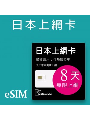 eSIM 日本上網卡 - 8天吃到飽 (支援雙電信)