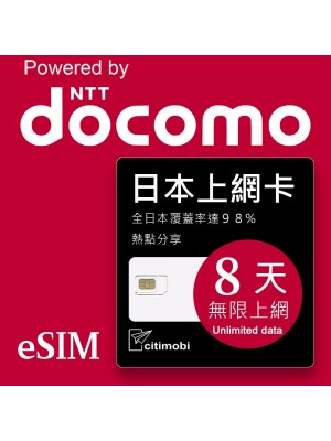 eSIM日本上網 - 8天吃到飽(支援DOCOMO電信)